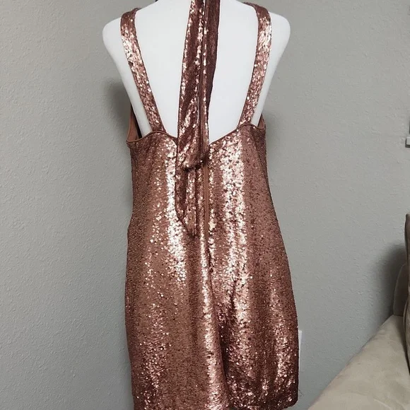 C/MEO Collective Illuminated copper sequin halter mini dress